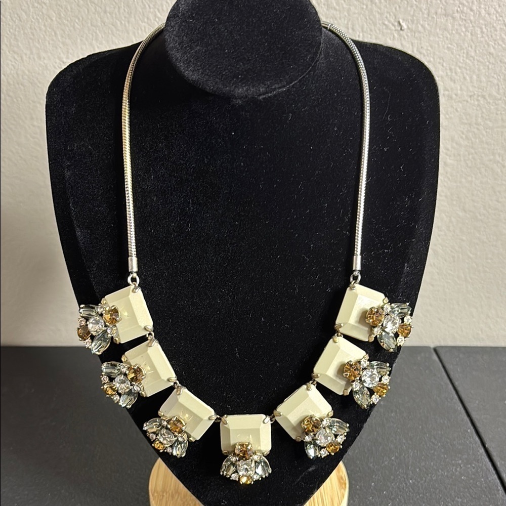 J. Crew Statement Maximalist Rhinestone Acrylic Stone Silver Tone Necklace
